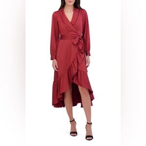 Vince Camuto Long Sleeve Faux Wrap Satin High-Low Dress Fawn ✨NWT✨